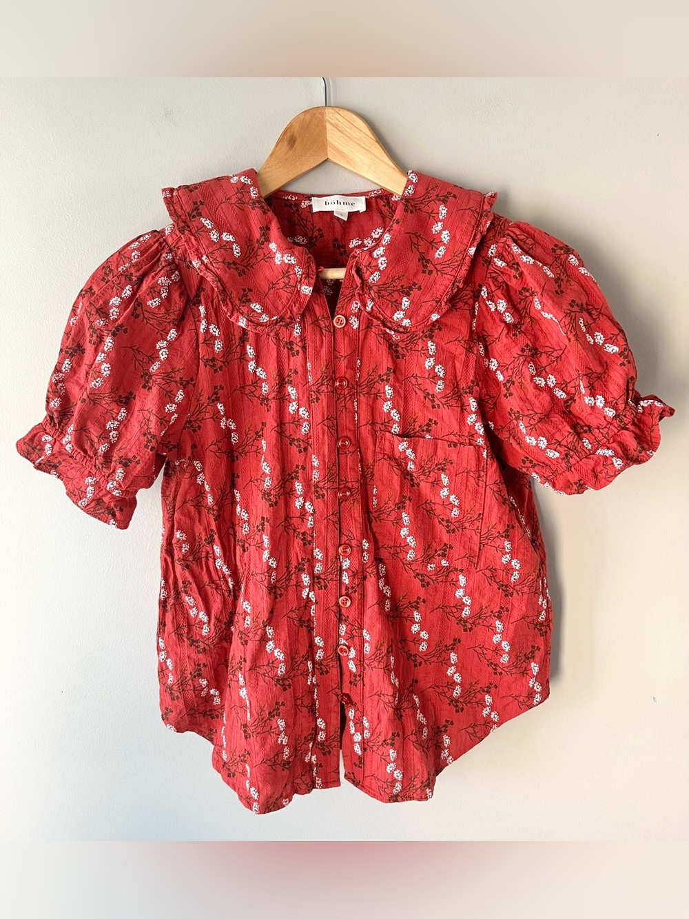 Bohme red floral peasant-style puff sleeve button-up blouse size small - boho